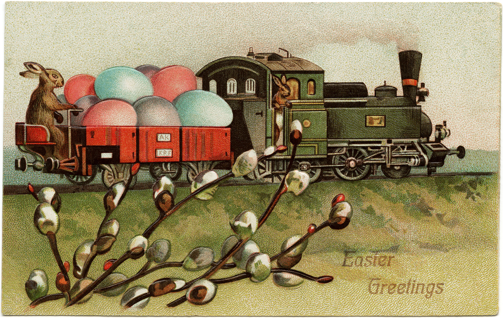 vintage easter postcard, easter train clip art, old fashioned easter card, bunny driving train, easter eggs in boxcar