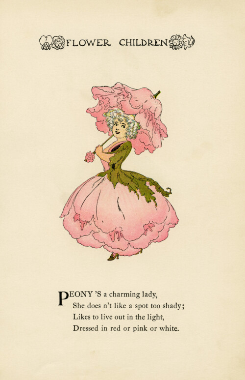 Peony flower child, Elizabeth Gordon, old book page, vintage flower children poem, vintage storybook printable
