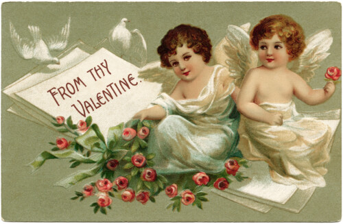vintage valentine postcard, cherubs and roses clip art, old fashioned valentine card, vintage valentine illustration, printable valentines day card