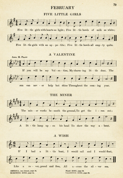 vintage sheet music, songs for February, kindergarten music, easy songs for children, old book page