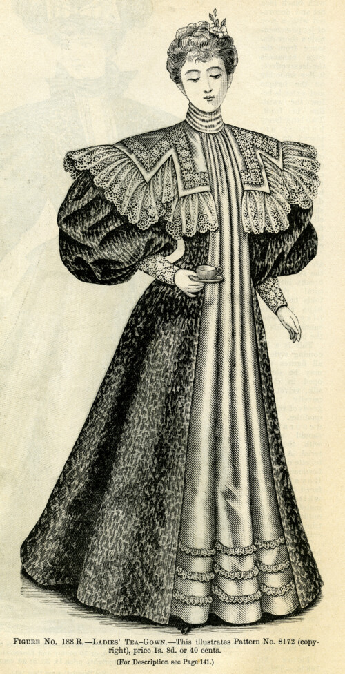 Victorian fashion illustration, vintage ladies fashion clip art, ladies tea gown 1896, antique dress image, black and white clip art, printable Victorian graphics