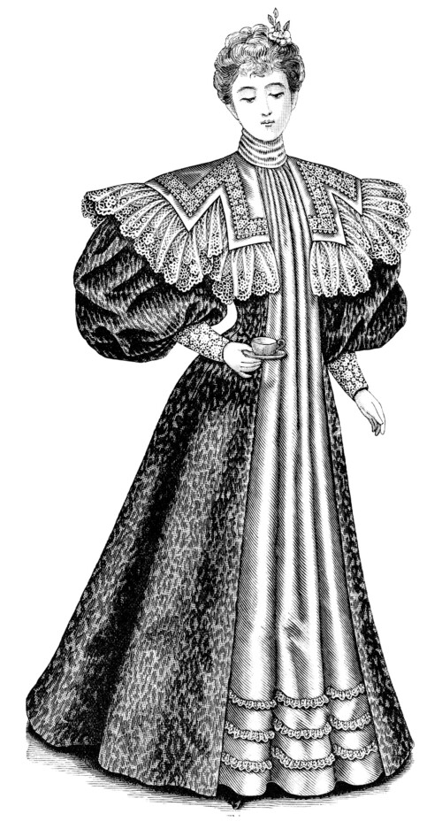 Victorian fashion illustration, vintage ladies fashion clip art, ladies tea gown 1896, antique dress image, black and white clip art, printable Victorian graphics