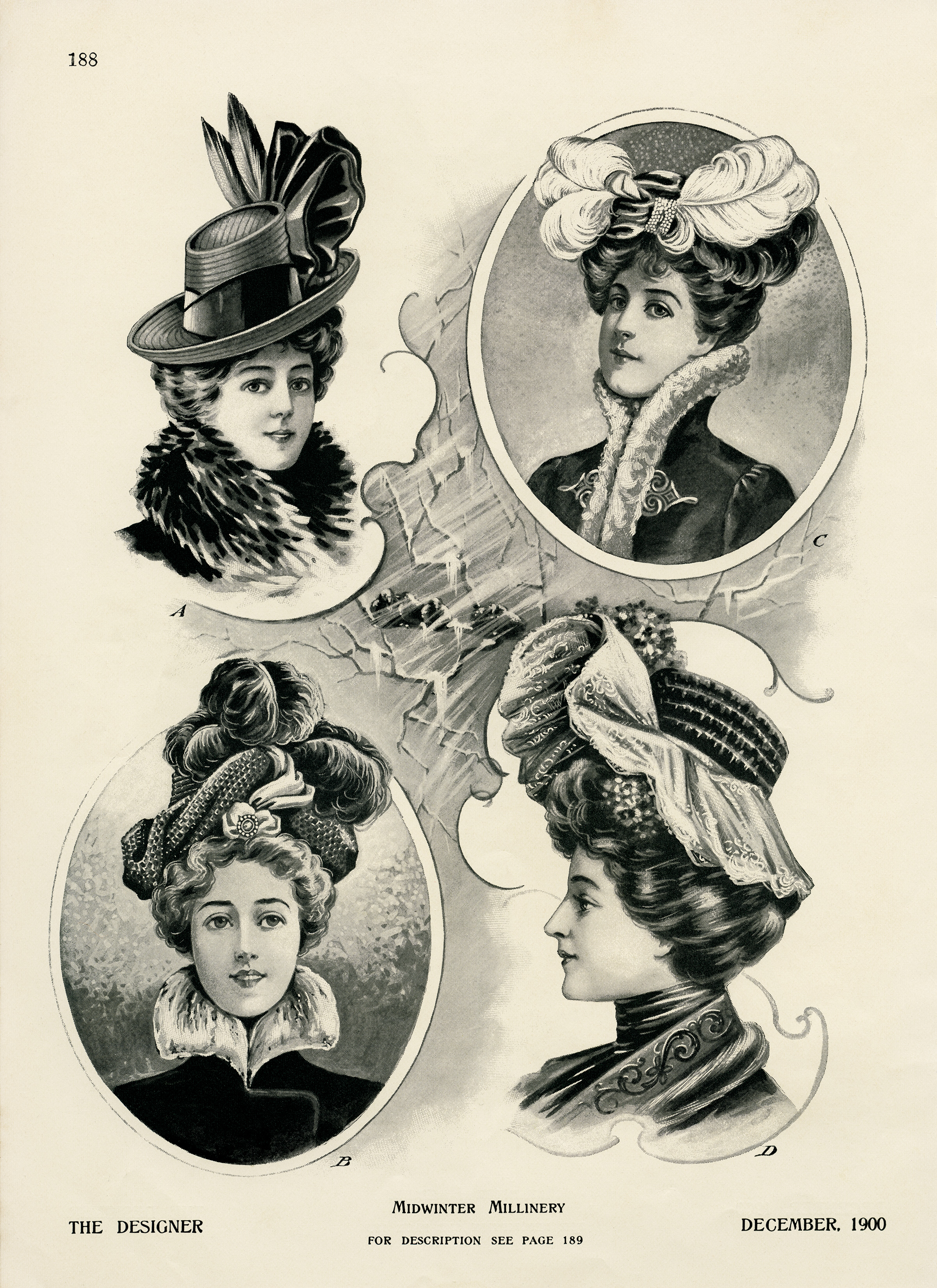 Victorian midwinter millinery, vintage hat graphics, antique hat illustration, ladies Victorian fashion, womens winter hat printable