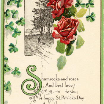 St Patrick’s Day postcard, shamrocks and roses clip art, vintage postcard printable, free vintage ephemera, floral digital postcard