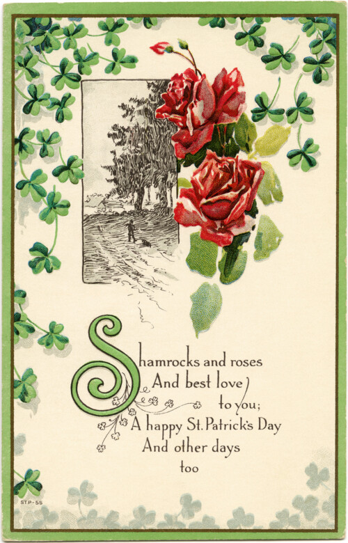 St Patrick’s Day postcard, shamrocks and roses clip art, vintage postcard printable, free vintage ephemera, floral digital postcard