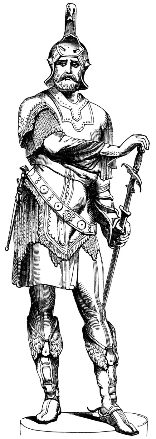 armor figure, soldier statue illustration, roman soldier clip art, black and white graphics, antique military engraving