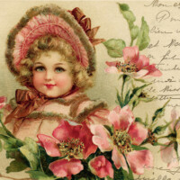 Free vintage clip art Victorian girl flowers handwriting postcard