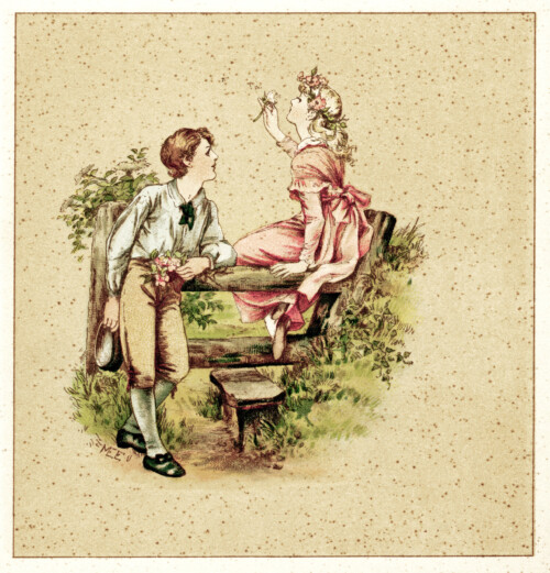 Victorian storybook illustration, M Ellen Edwards art, free vintage clipart, valentine love graphics, young love vintage picture