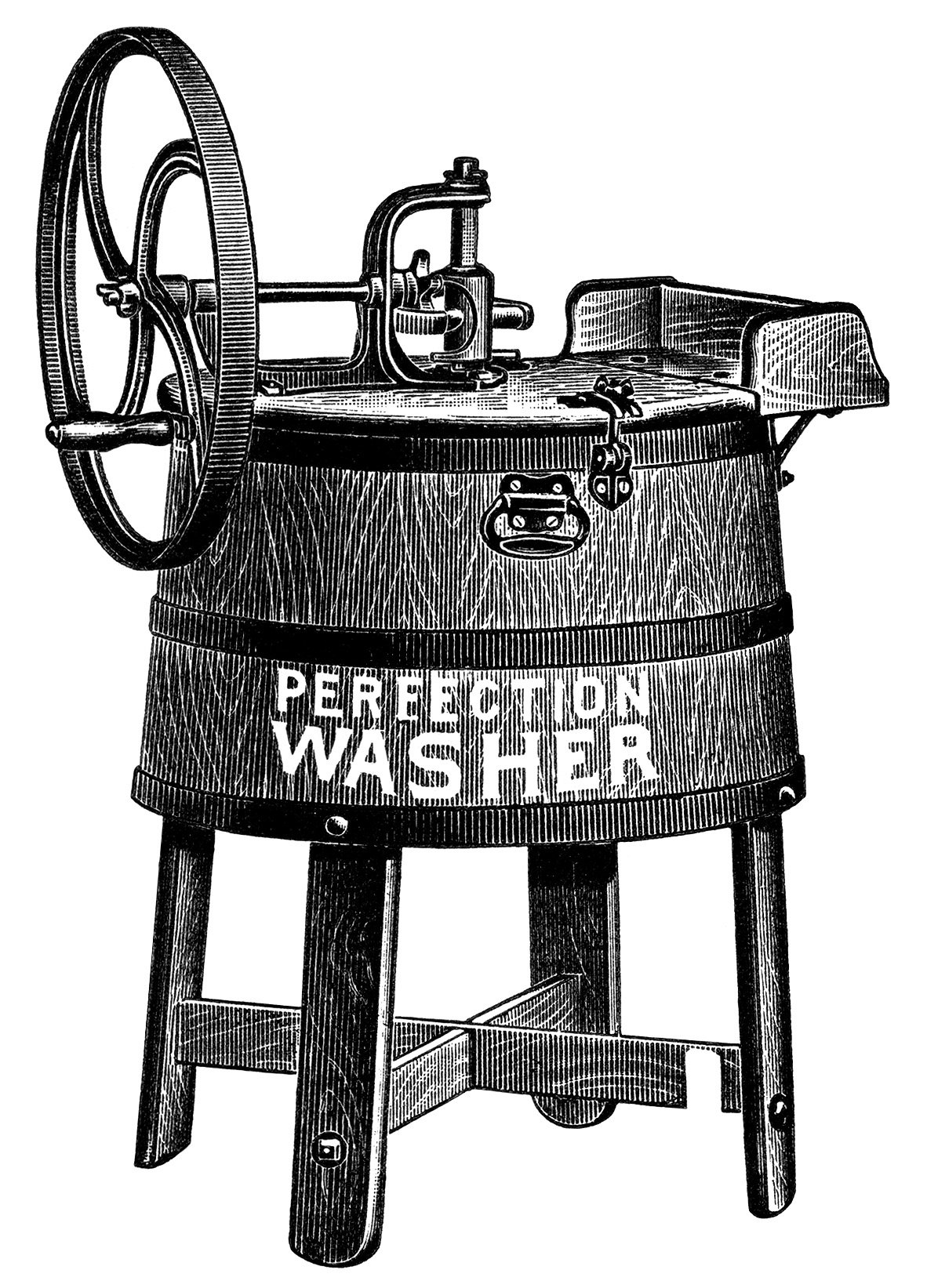 old catalogue ad, vintage laundry clip art, antique washing machine illustration, free black and white clipart, clothes washer graphics