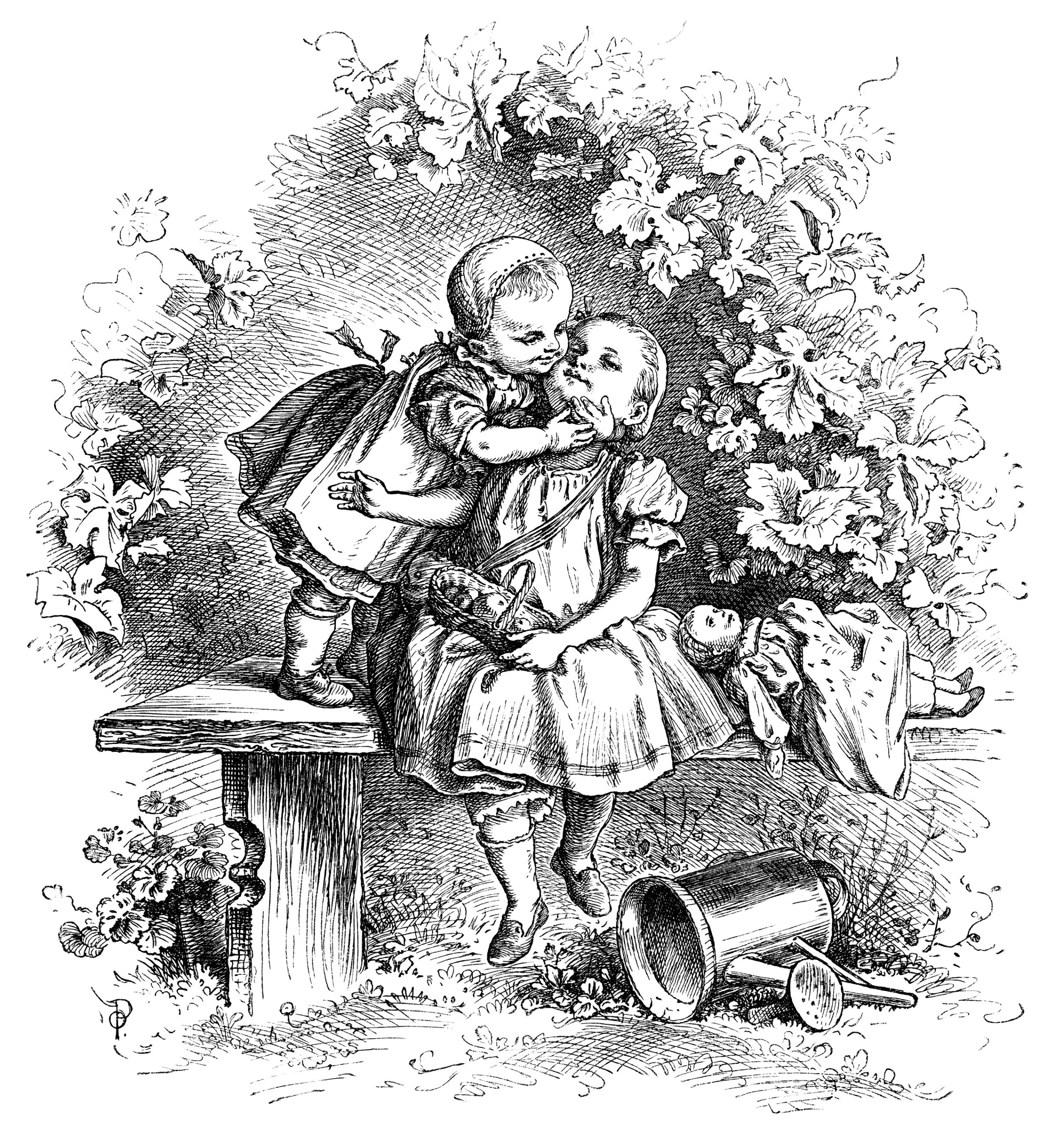 black and white clip art, Victorian girls printable, sisters at play vintage clip art, Loving by Oscar Pletsch, vintage storybook engraving
