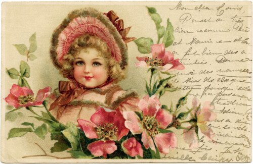 Victorian girl postcard, pink and green feminine card, girl in pink clip art, French handwriting graphics, free vintage ephemera stamp, French 10 mailing stamp