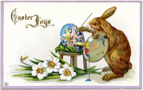 easter stecher postcard, easter bunny artist, fantasy easter clip art, vintage easter card, rabbit painting egg
