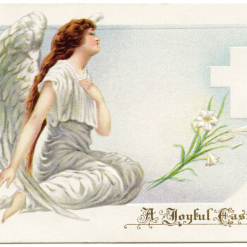vintage easter postcard, angel clip art, old fashioned easter card, angel kneeling by cross, religious easter illustration