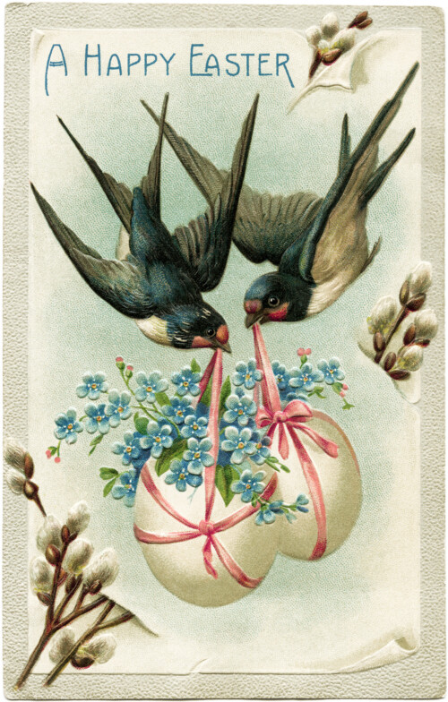 vintage easter postcard, birds carrying decorated eggs, vintage birds clip art, old fashioned easter card, fantasy easter graphics