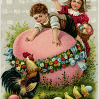 vintage easter postcard, easter clip art, old fashioned easter card, fantasy easter graphics, children eggs chicken printable