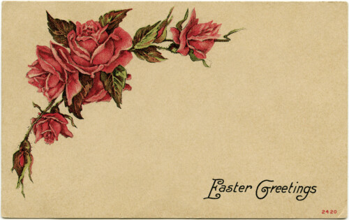 vintage easter postcard, red roses clip art, shabby vintage ephemera, old fashioned easter card, beautiful floral postcard, junk journal printable