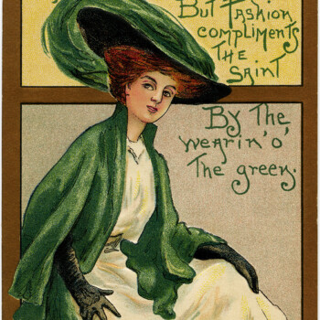 St Patrick’s Day postcard, vintage postcard printable, free vintage ephemera, wearing green graphics, lady in green clipart