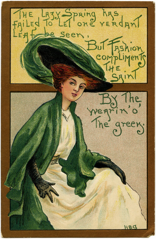 St Patrick’s Day postcard, vintage postcard printable, free vintage ephemera, wearing green graphics, lady in green clipart