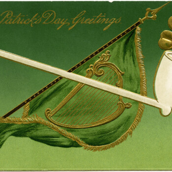 St Patrick’s Day postcard, green flag celtic harp, pipe shamrock st patrick clip art, free vintage graphics, vintage postcard printable