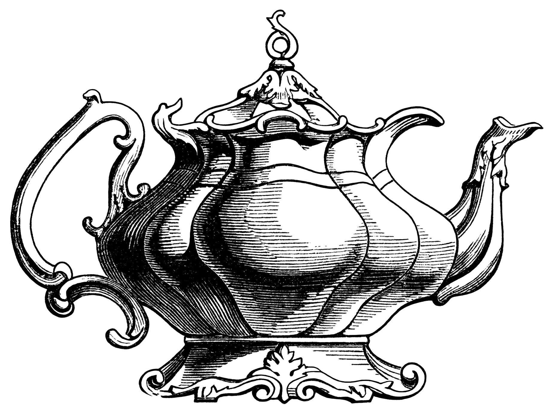 Victorian tea pot illustration, vintage teapot clipart, black and white graphics, free kitchen printable, antique tea pot engraving