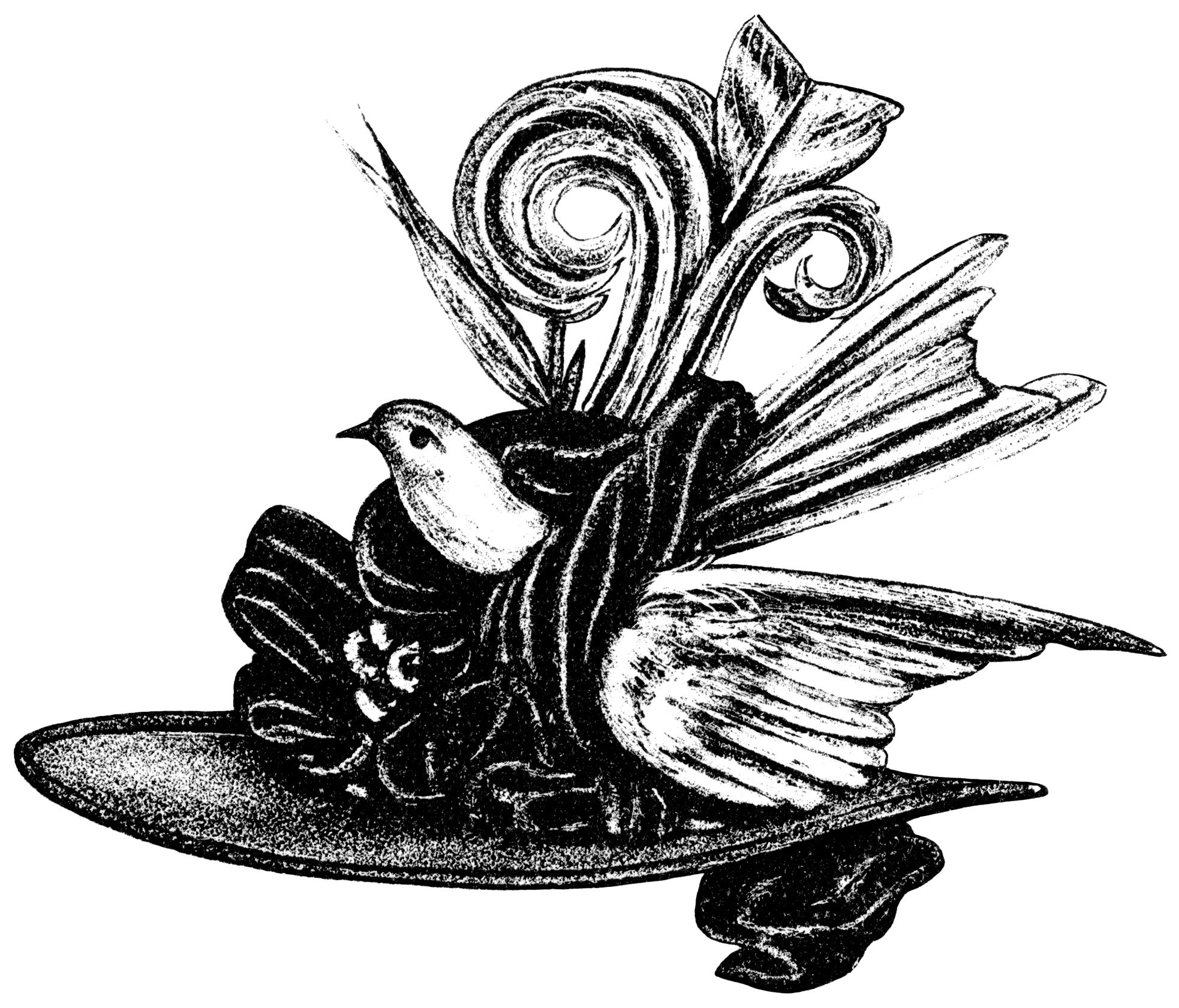 vintage hat clip art, black and white graphics, Victorian ladies hat, old fashioned hat illustration, Victorian millinery fashion