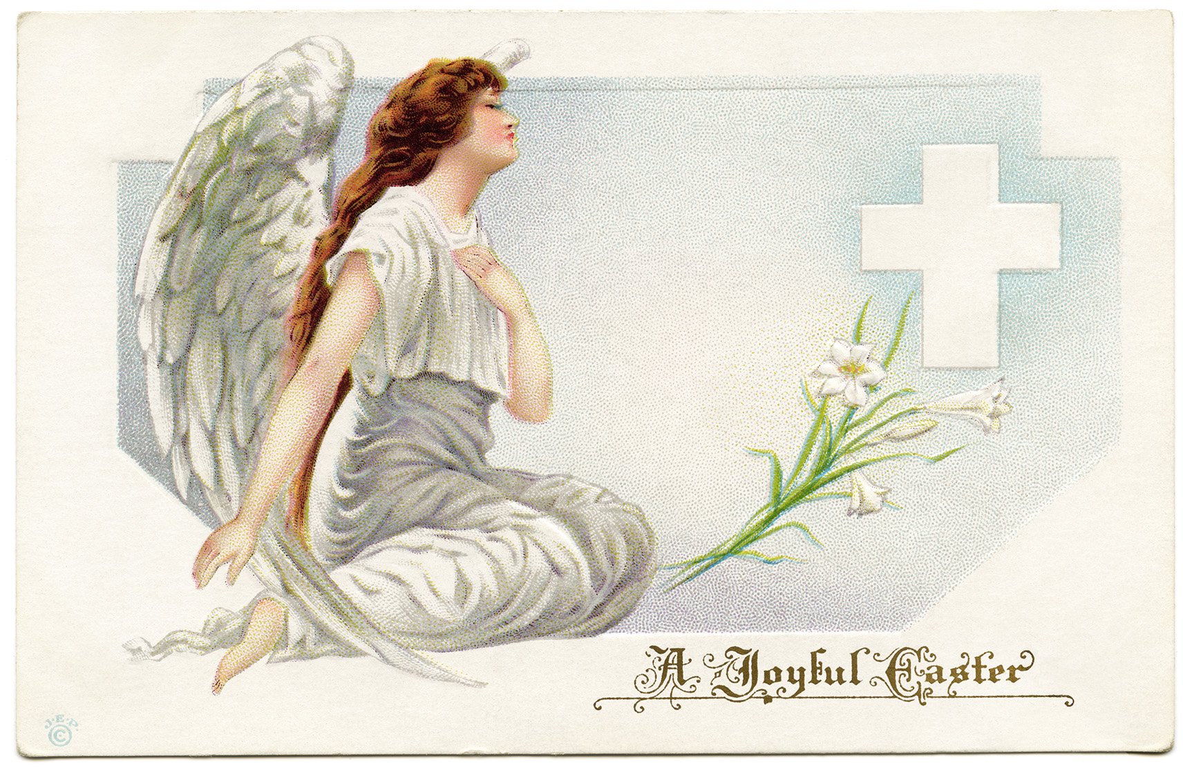 vintage easter postcard, angel clip art, old fashioned easter card, angel kneeling by cross, religious easter illustration