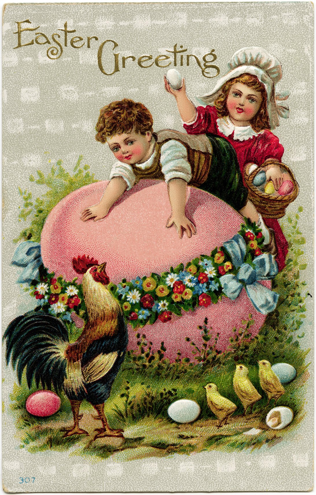 vintage easter postcard, easter clip art, old fashioned easter card, fantasy easter graphics, children eggs chicken printable