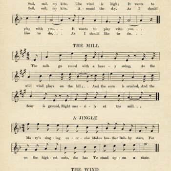vintage sheet music, songs for March, kindergarten music, easy songs for children, old book page