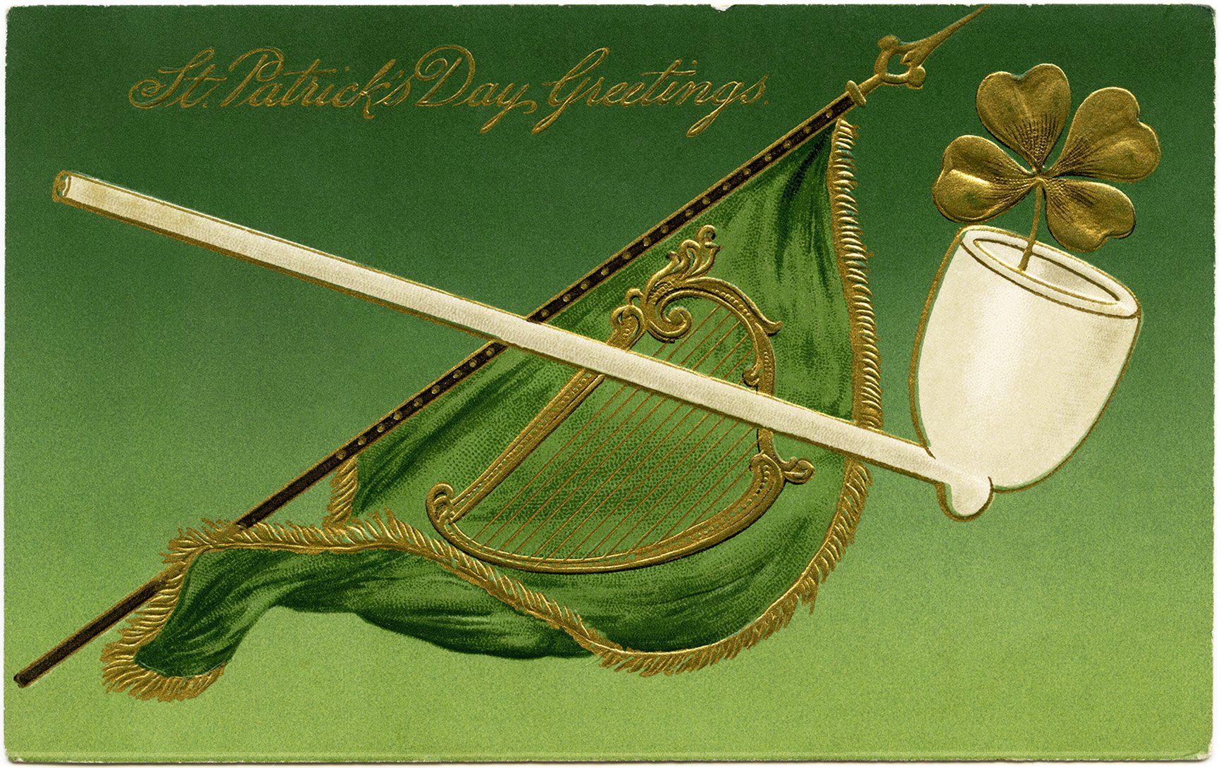 St Patrick’s Day postcard, green flag celtic harp, pipe shamrock st patrick clip art, free vintage graphics, vintage postcard printable