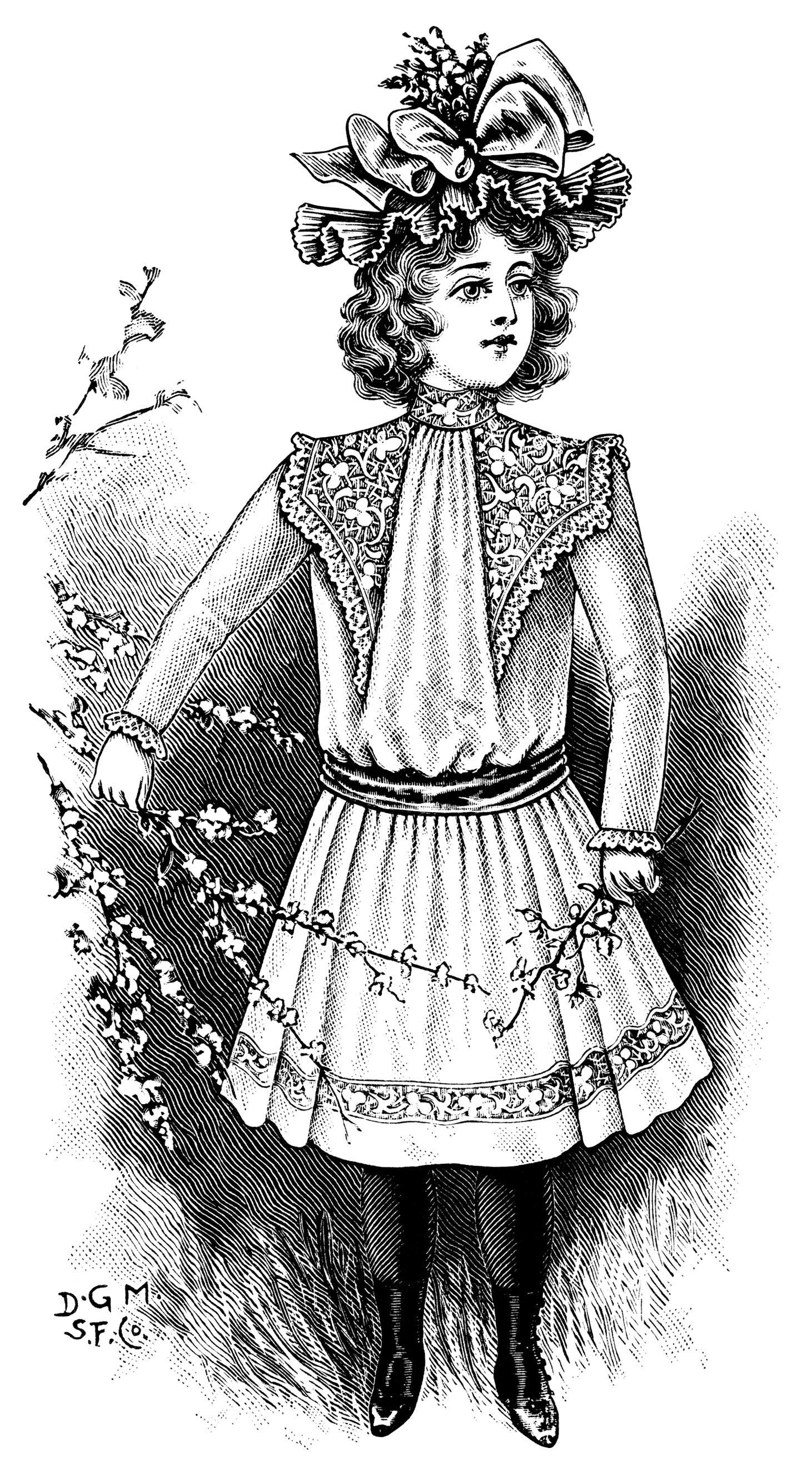 Victorian child fashion, victorian girl clip art, black and white graphics, vintage dress for girls, printable children illustration