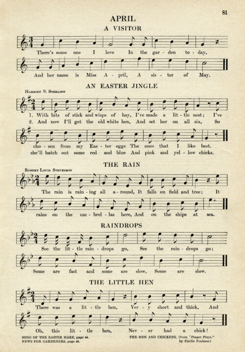 vintage sheet music, songs for April, kindergarten music, simple songs for children, old book page