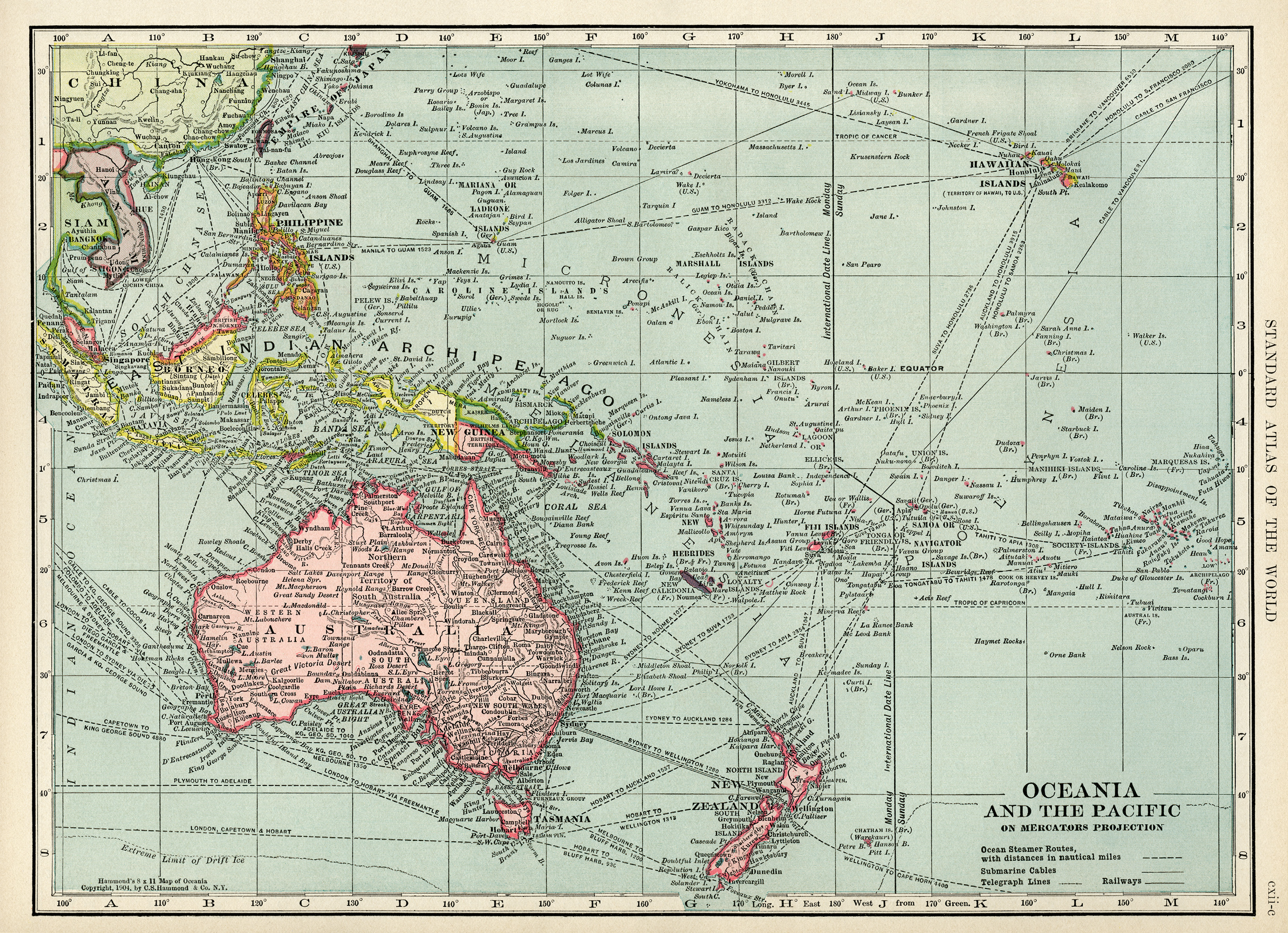 Oceania and Pacific map, vintage map download, antique map, C. S. Hammond, map of ocean and islands