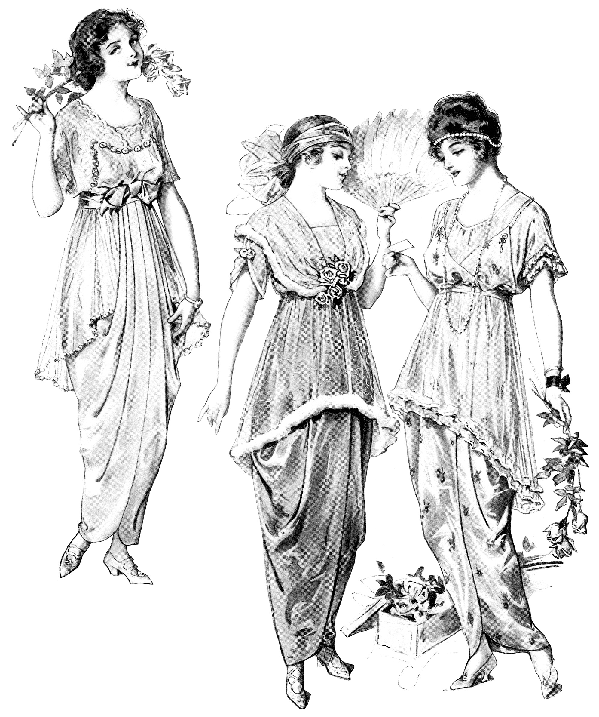 vintage fashion clip art, Edwardian clothing illustration, fashion for teens 1914, antique fashion printable graphics, black and white clipart, junk journal printable