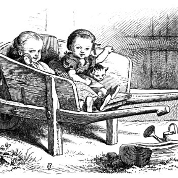 black and white clip art, Oscar pletsch engraving, Victorian girls printable, girls at play vintage clip art, girls in wheelbarrow illustration
