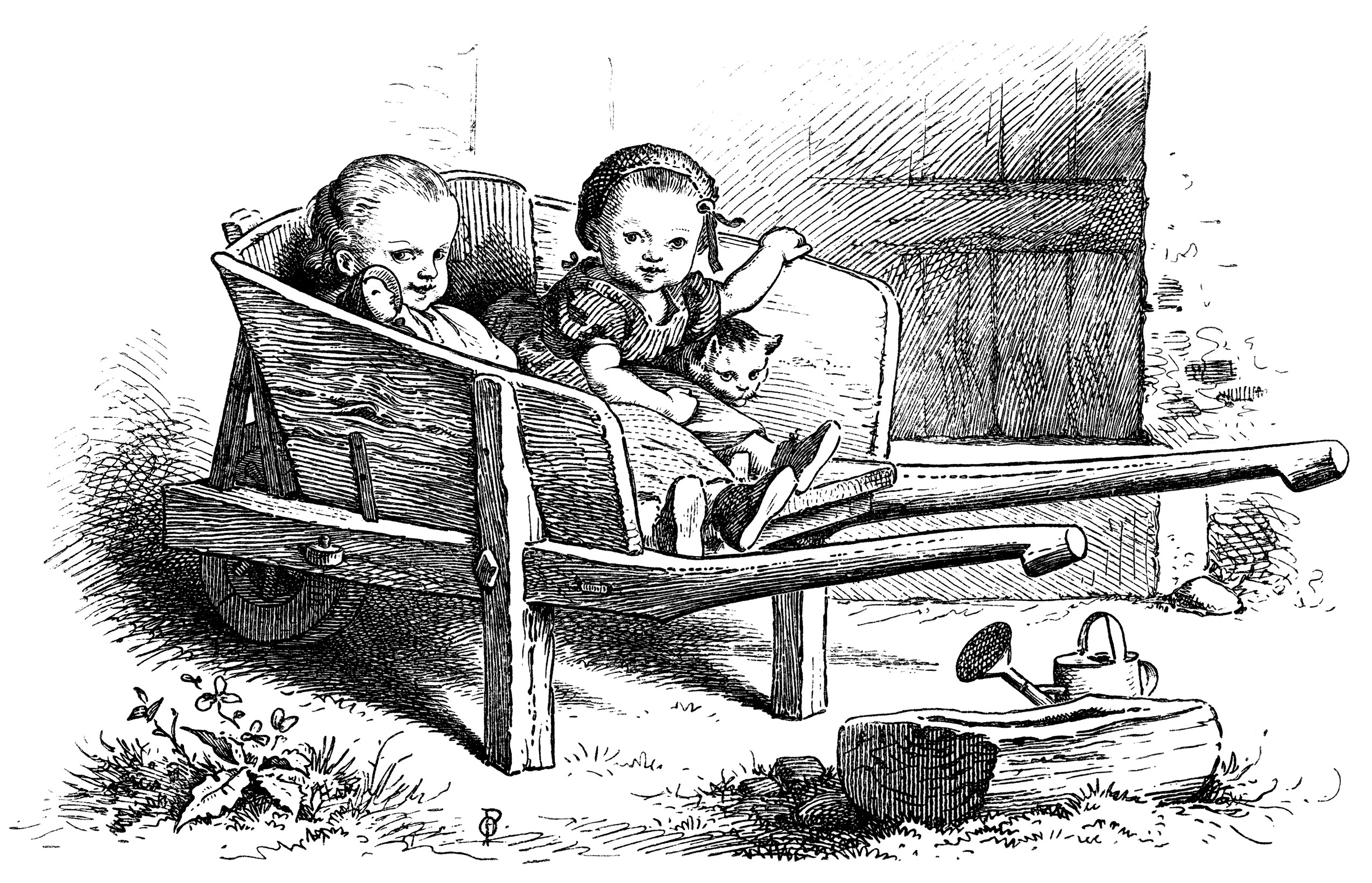 black and white clip art, Oscar pletsch engraving, Victorian girls printable, girls at play vintage clip art, girls in wheelbarrow illustration