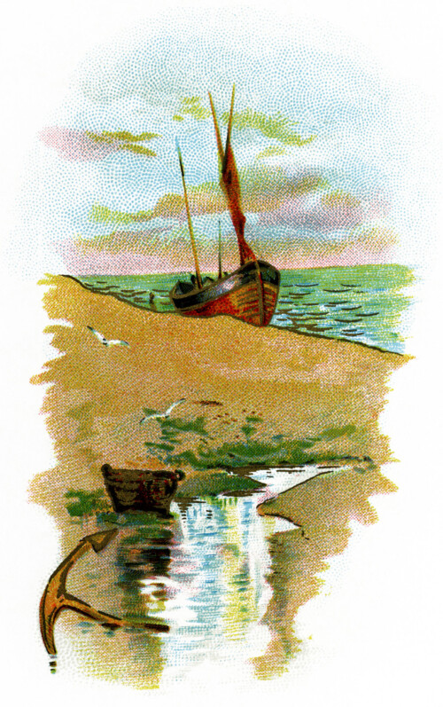 ship on beach scene, sailing ship clip art, quiet beach illustration, beach sea boat clipart, printable beach graphics