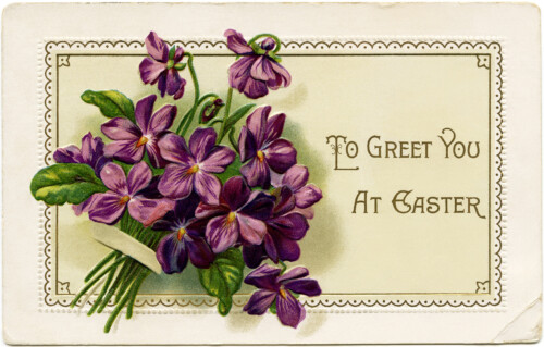 vintage easter postcard, violets clip art, old fashioned easter card, floral easter postcard, bouquet of violets illustration