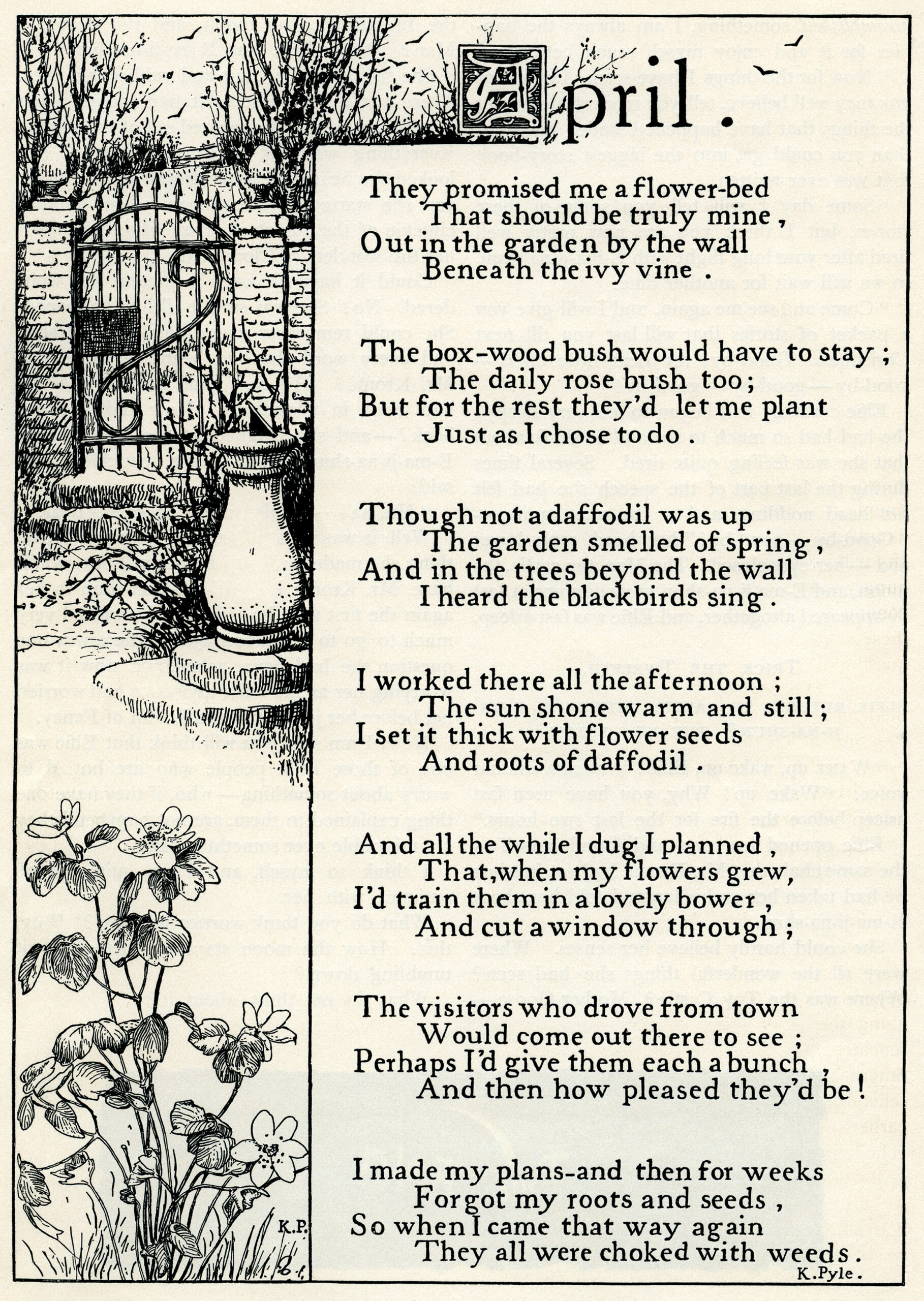 April poem, K Pyle poetry, vintage garden poem, black and white graphics, printable garden clip art