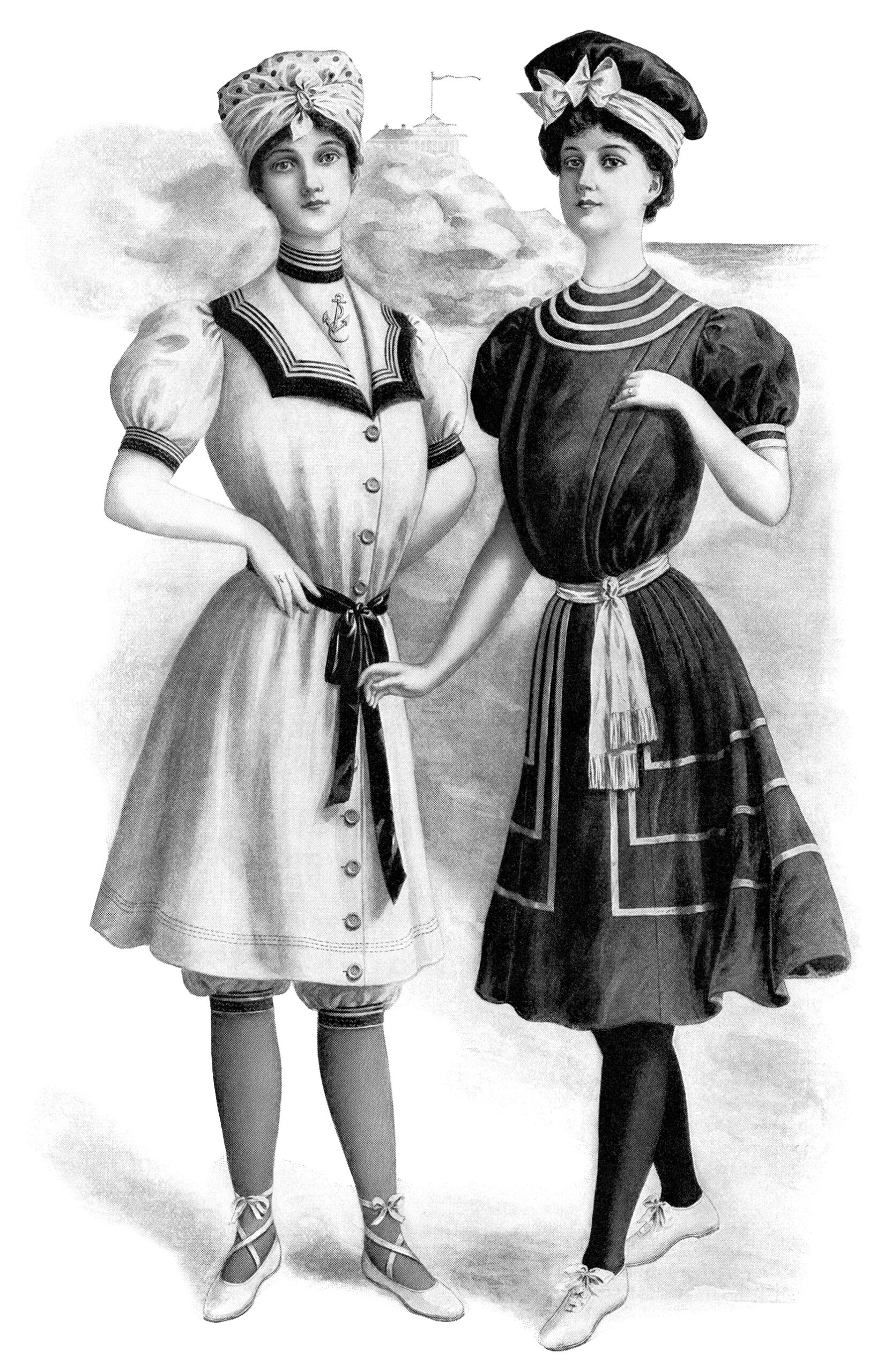 victorian fashion illustration, vintage ladies fashion clip art, old fashioned bathing suit, black and white clip art, printable antique swimsuit