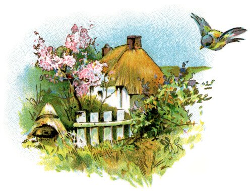 small country cottage clip art, thatched roof cottage illustration, small house printable, vintage home graphics, old fashioned cottage image