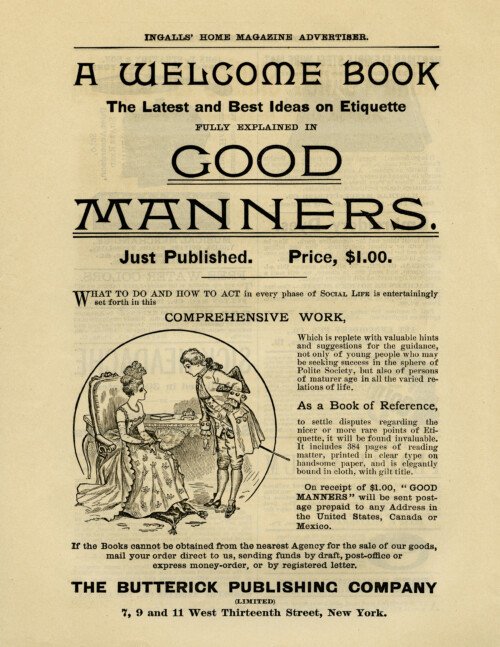 black and white graphics, printable vintage advertisement, Victorian couple clipart, butterick publishing company, Victorian etiquette ad, Victorian lady gentleman illustration