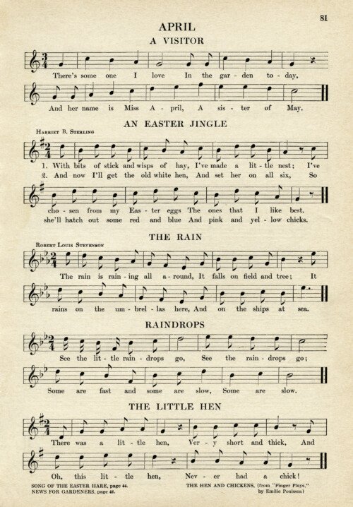 vintage sheet music, songs for April, kindergarten music, simple songs for children, old book page