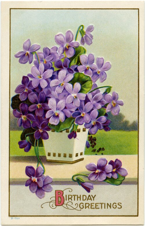 Victorian postcard graphics, vintage birthday postcard, purple flower clip art, old fashioned birthday card, vintage flower illustration