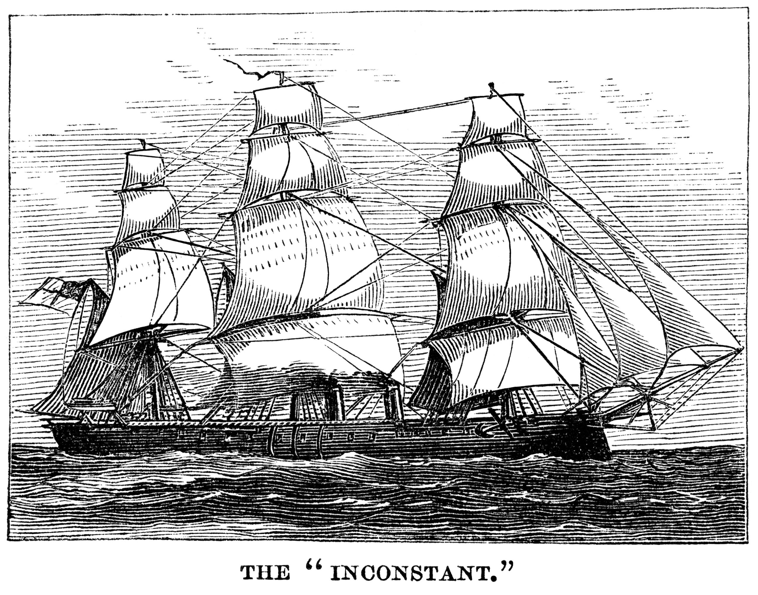 vintage ship clip art, black and white graphics, sea clipart engraving, the inconstant ship, old fashioned sailing ship