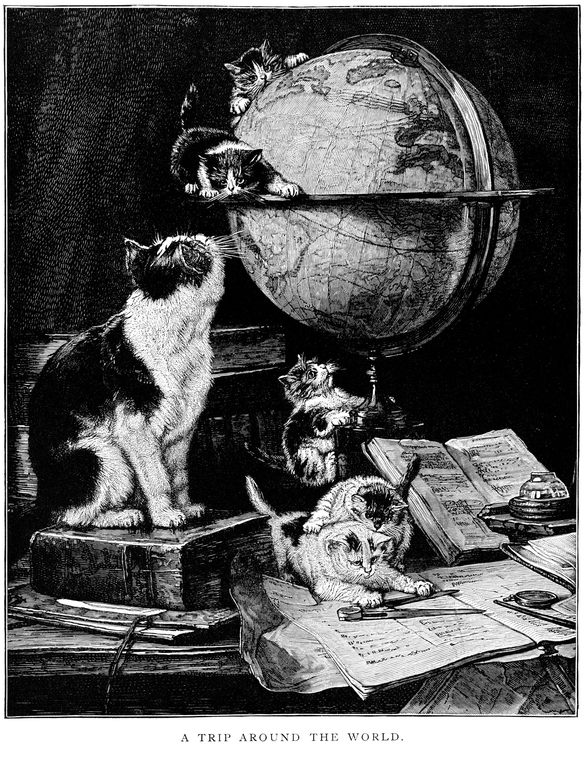 trip around the world, kitten clip art, black and white graphics, cat kitten printable illustration, kittens on desk