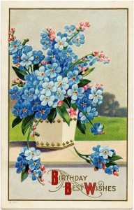 Victorian postcard graphics, vintage birthday postcard, blue flower clip art, old fashioned birthday card, vintage flower illustration