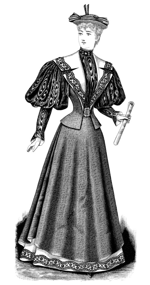 Victorian fashion illustration, old fashioned dress clip art, black and white graphics, vintage ladies clothing, antique grad dress illus