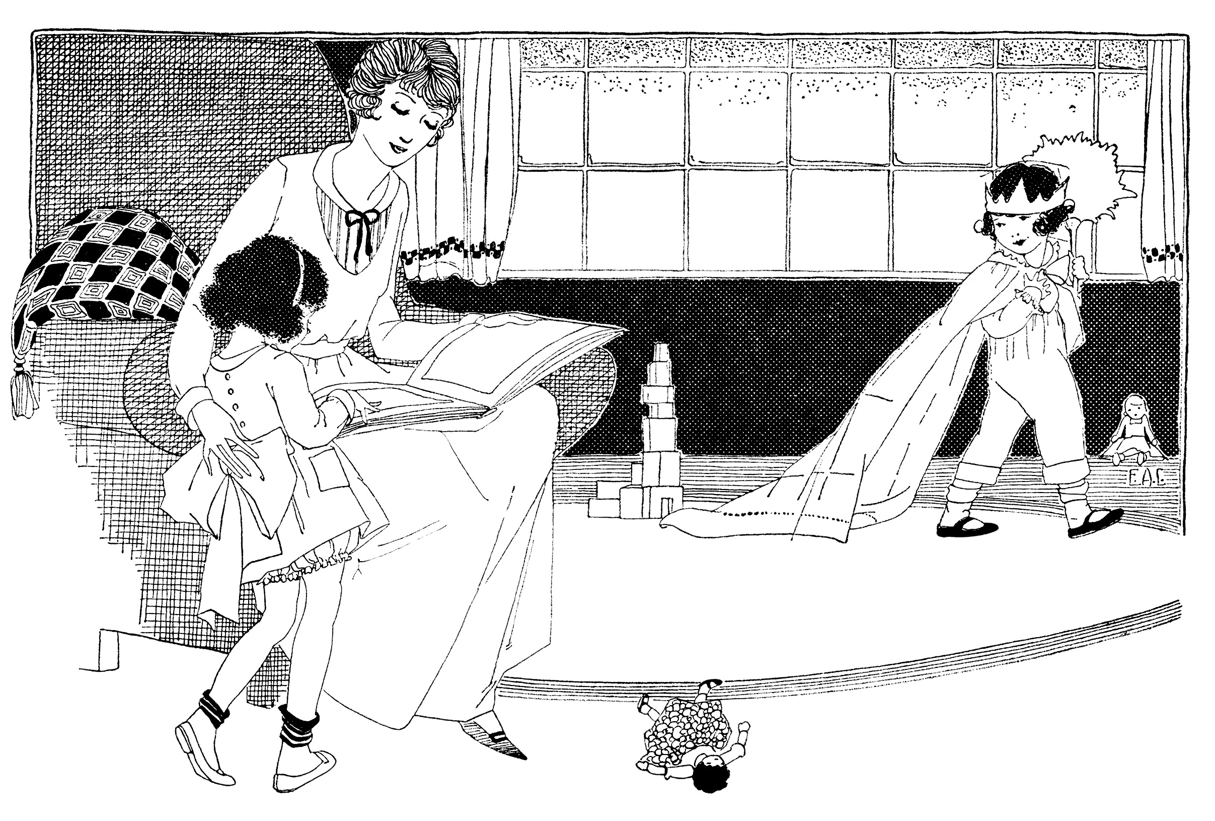 black and white graphics, mother and children clip art, mom and kids at play, woman reading to child, kids toys playtime illustration