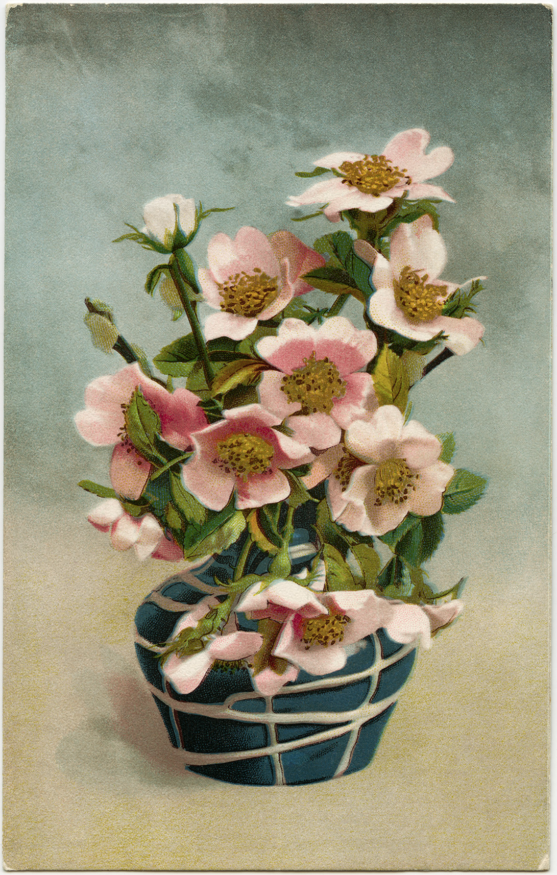 Victorian postcard graphics, vintage floral postcard, pink flower clip art, flowers in vase clipart, vintage flower illustration