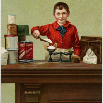 Raphael Tuck and Sons, Playing Grocer, store boy vintage clip art, Victorian child illustration, old fashioned store counter